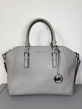 MICHAEL KORS Ciara Light Gray Large Saffiano Leather Satchel